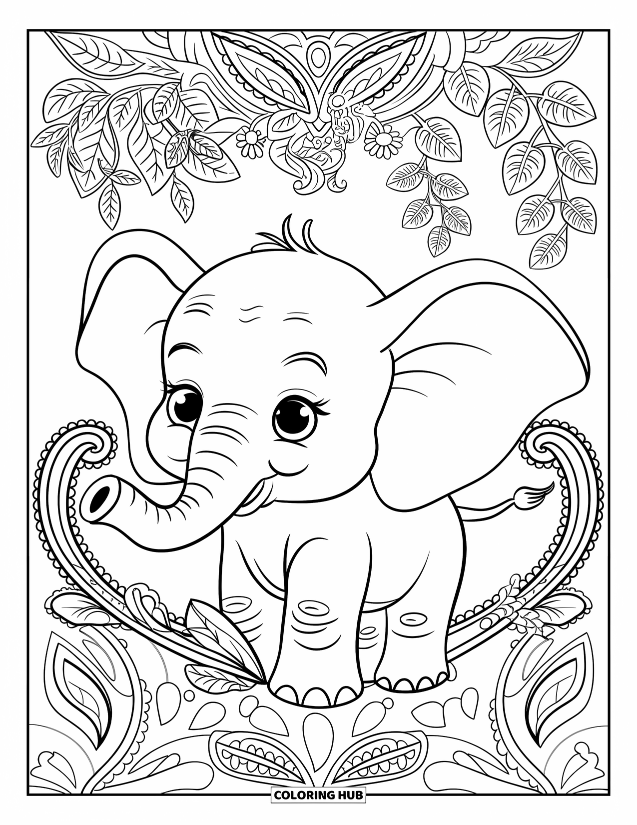 Baby Elephant Coloring Page for Adults: A playful baby elephant wraps its trunk around a vine among jungle flowers