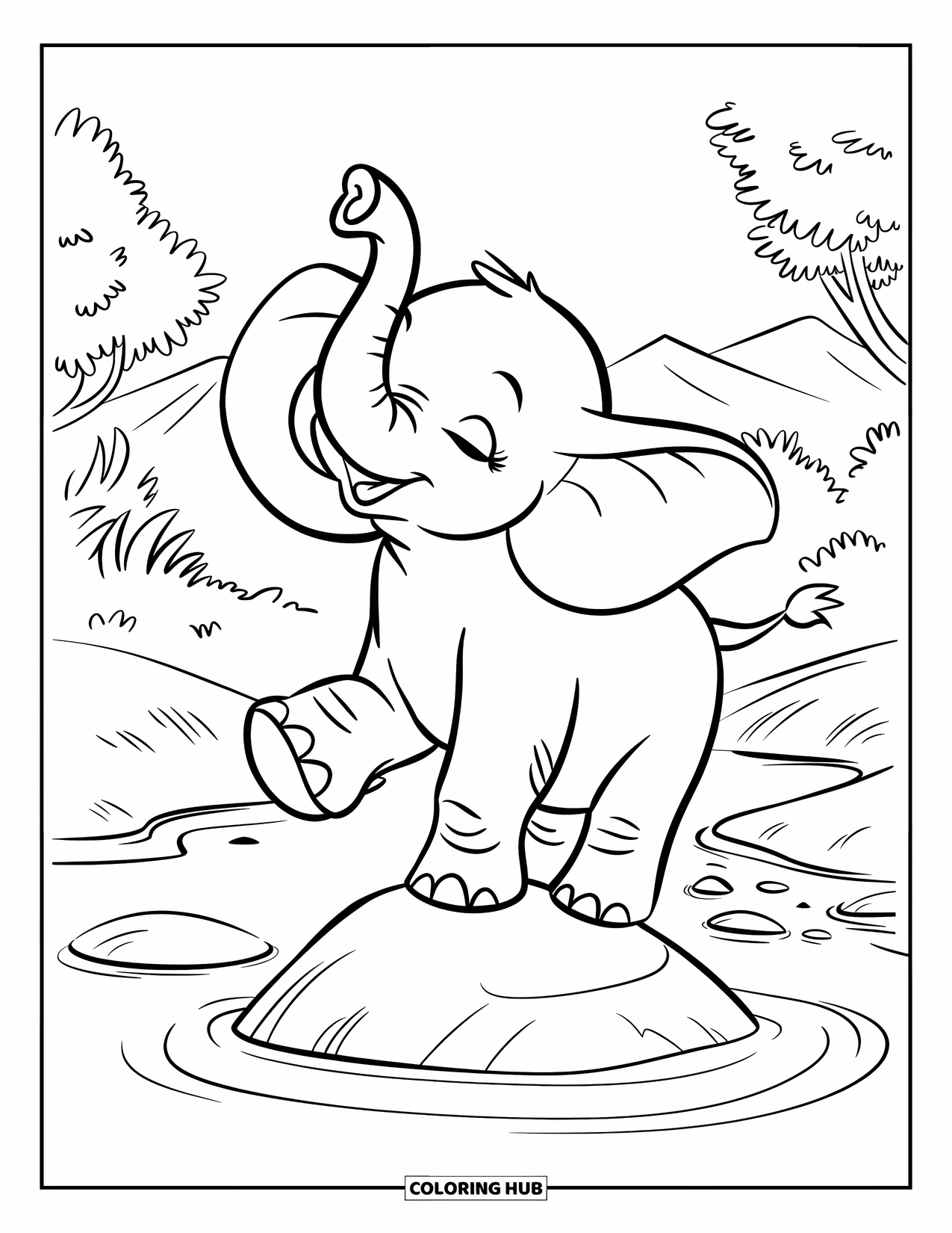 Baby Elephant Coloring Page for Kids: Baby elephant balances peacefully on a rock in the middle of a gentle stream