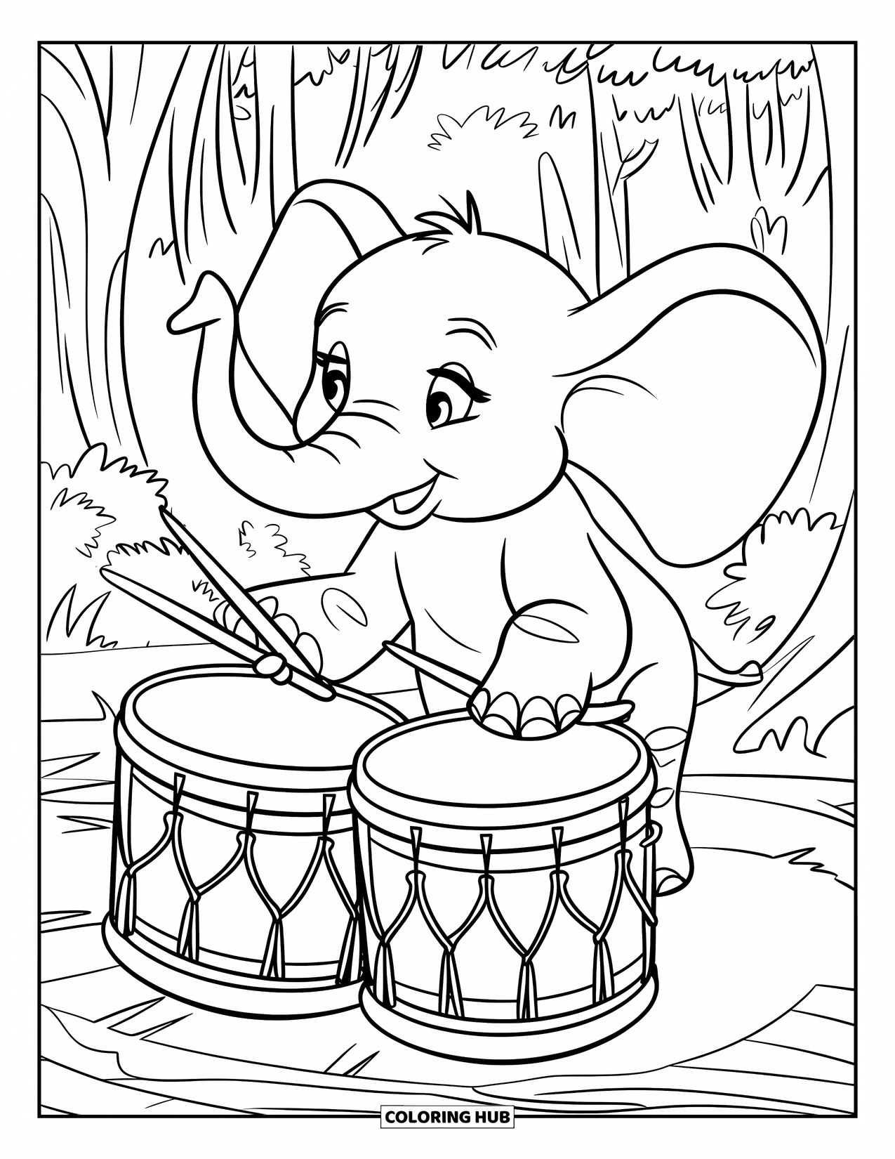 Baby Elephant Coloring Page for Kids: Baby elephant drums on patterned jungle drums in a forest
