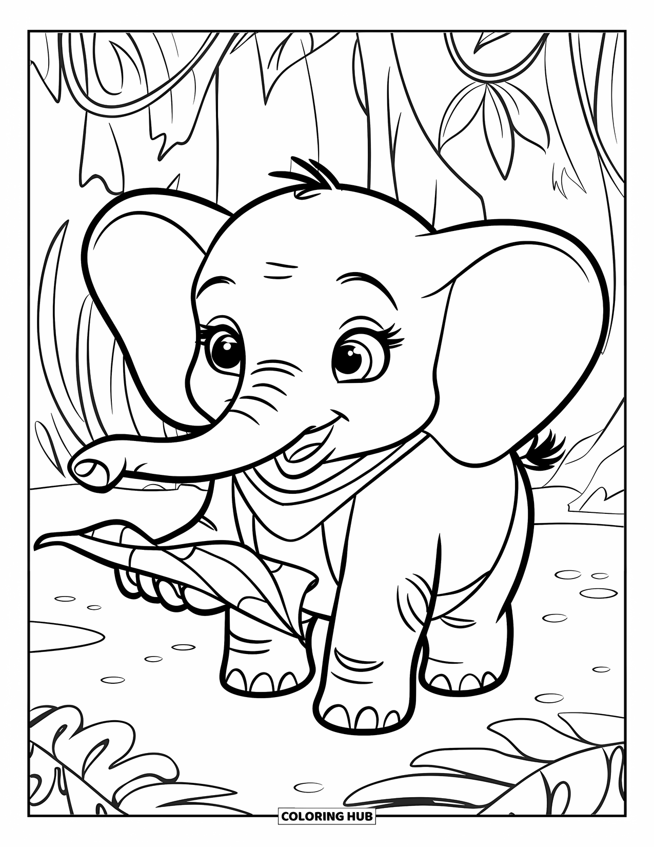 Baby Elephant Coloring Page for Kids: Baby elephant holds a leaf map while exploring the forest
