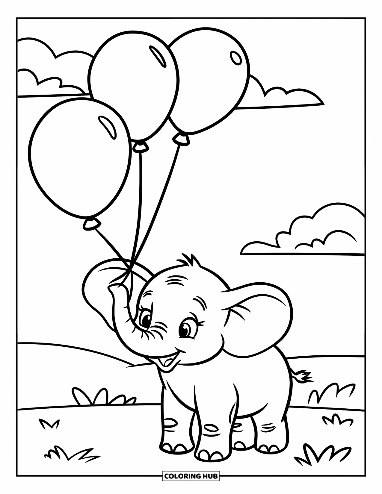 Baby Elephant Coloring Page for Kids: Baby elephant holds three balloons with its trunk on a sunny grassy field