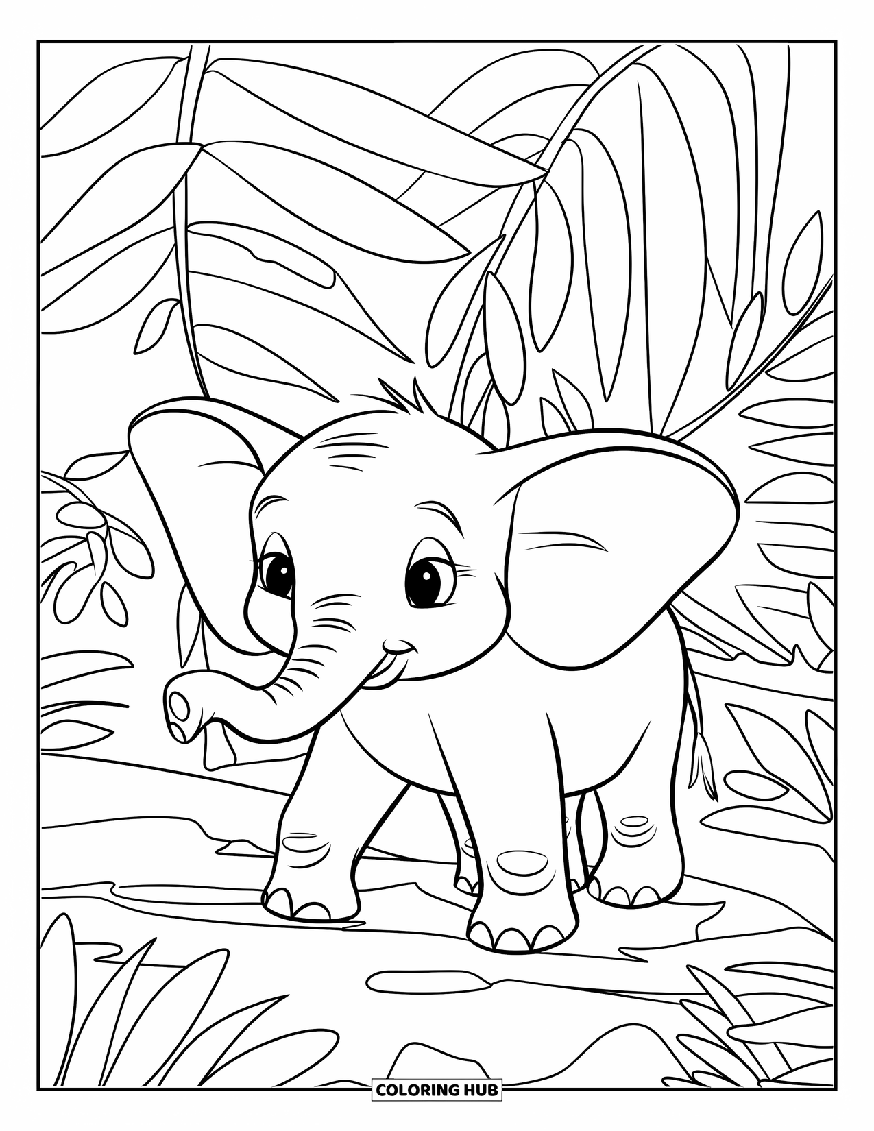 Baby Elephant Coloring Page for Kids: Baby elephant is surrounded by lush ferns and jungle leaves on a rocky path