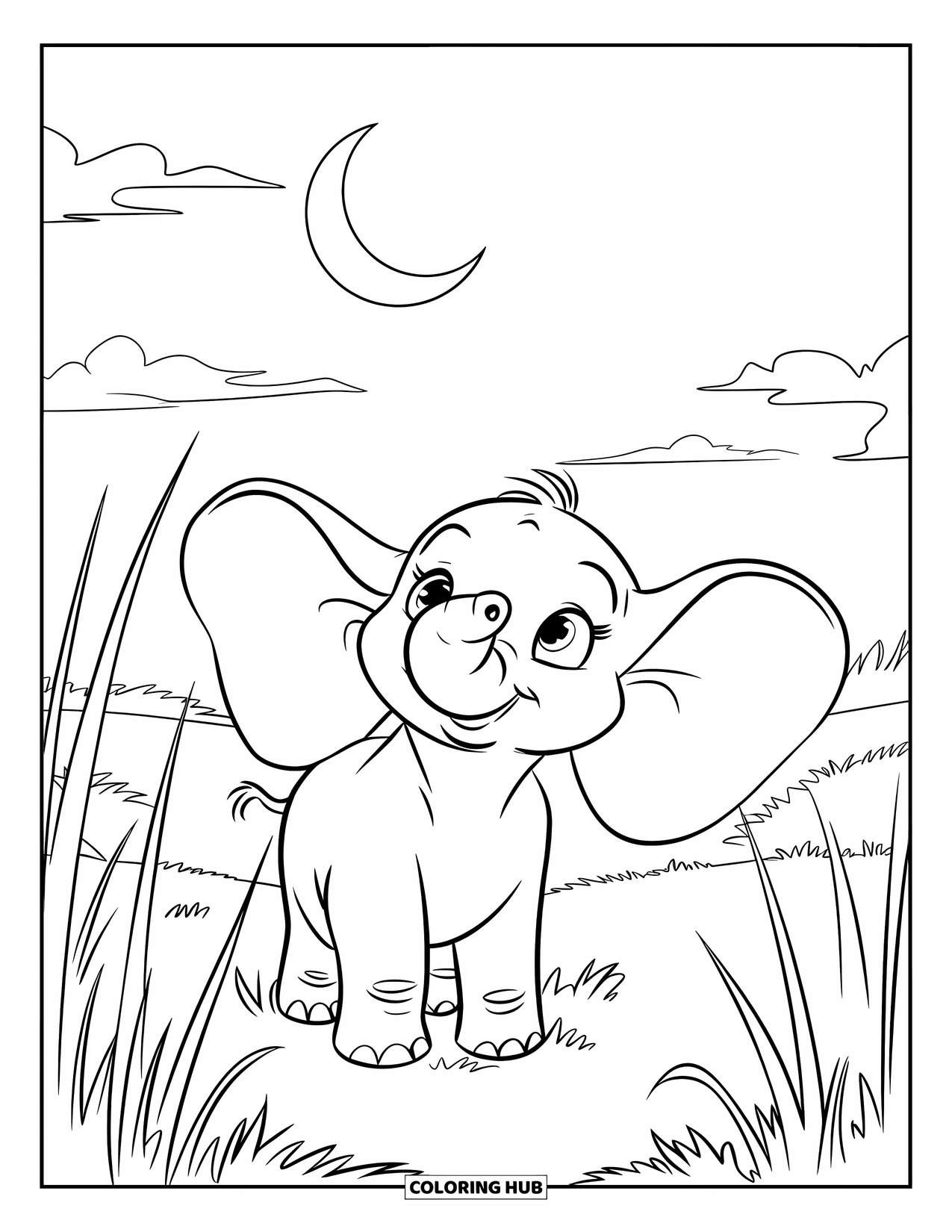 Baby Elephant Coloring Page for Kids: Baby elephant lifts its gaze to the crescent moon above the peaceful field