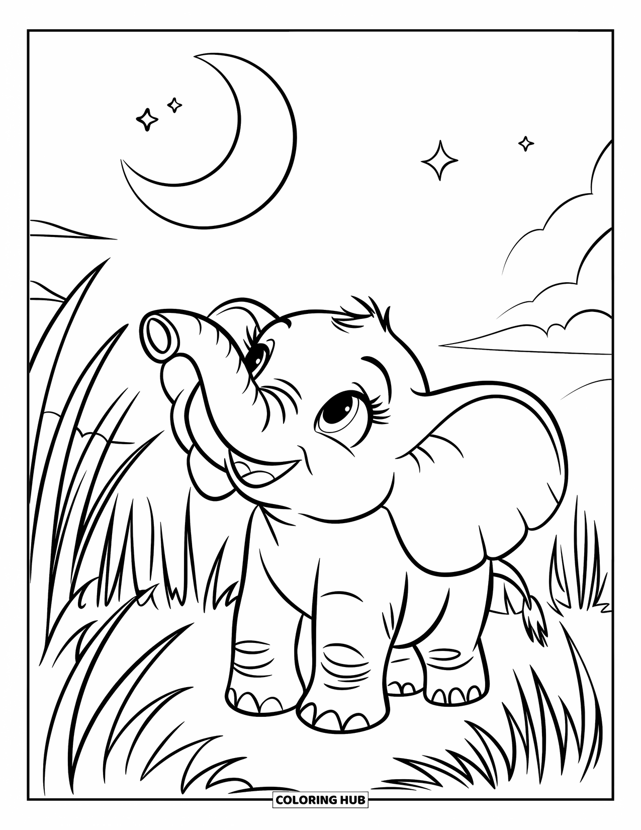 Baby Elephant Coloring Page for Kids: Baby elephant looks up at the crescent moon through tall, whispering grass