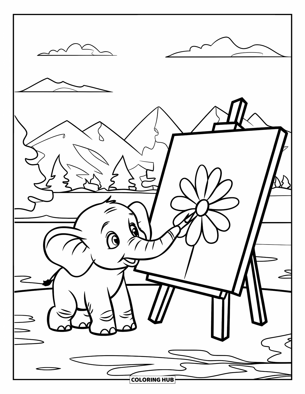 Baby Elephant Coloring Page for Kids: Baby elephant paints a flower while standing near trees and mountains
