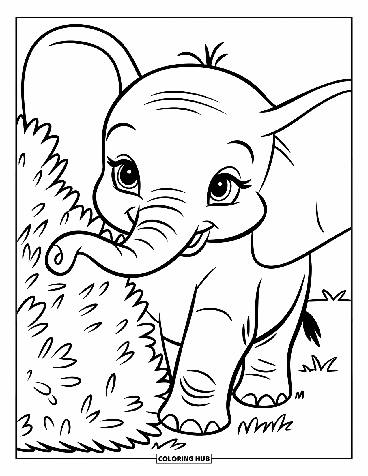 Baby Elephant Coloring Page for Kids: Baby elephant peeks from behind a leafy bush in the grass