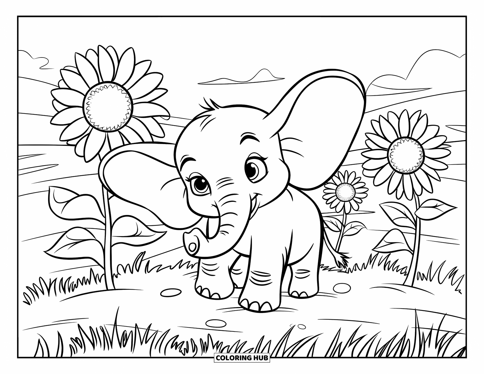 Baby Elephant Coloring Page for Kids: Baby elephant plays among sunny flowers under a sky with distant hills