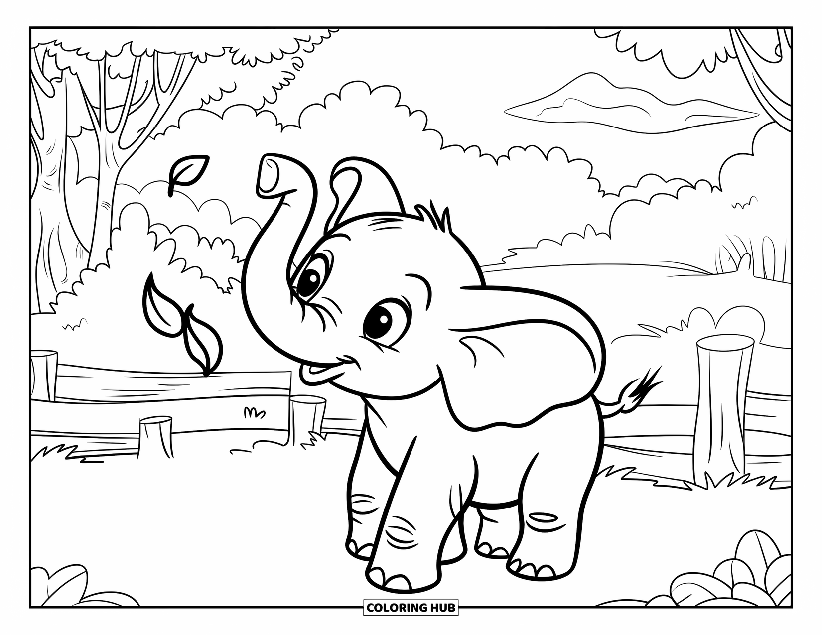 Baby Elephant Coloring Page for Kids: Baby elephant plays in a forest trying to catch a leaf from a nearby tree