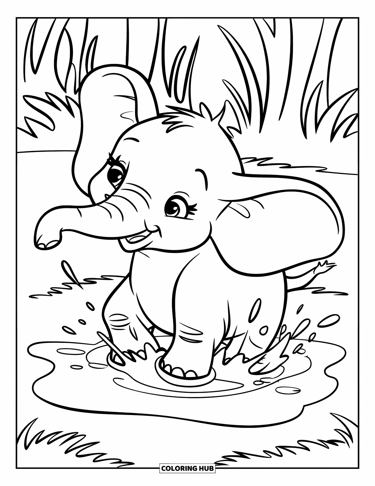 Baby Elephant Coloring Page for Kids: Baby elephant plays in a puddle surrounded by grass and trees