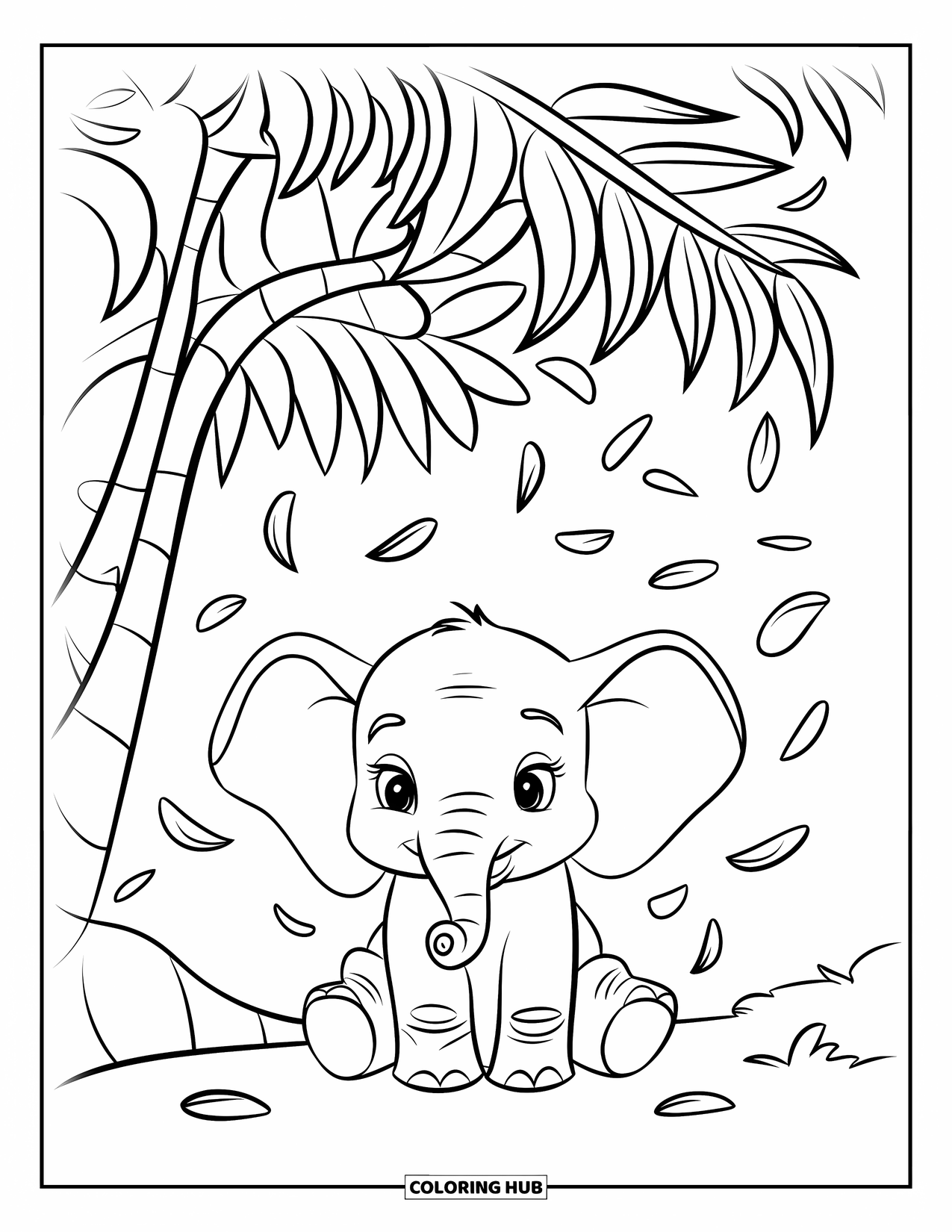 Baby Elephant Coloring Page for Kids: Baby elephant sits under a tropical tree with petals falling gently around it