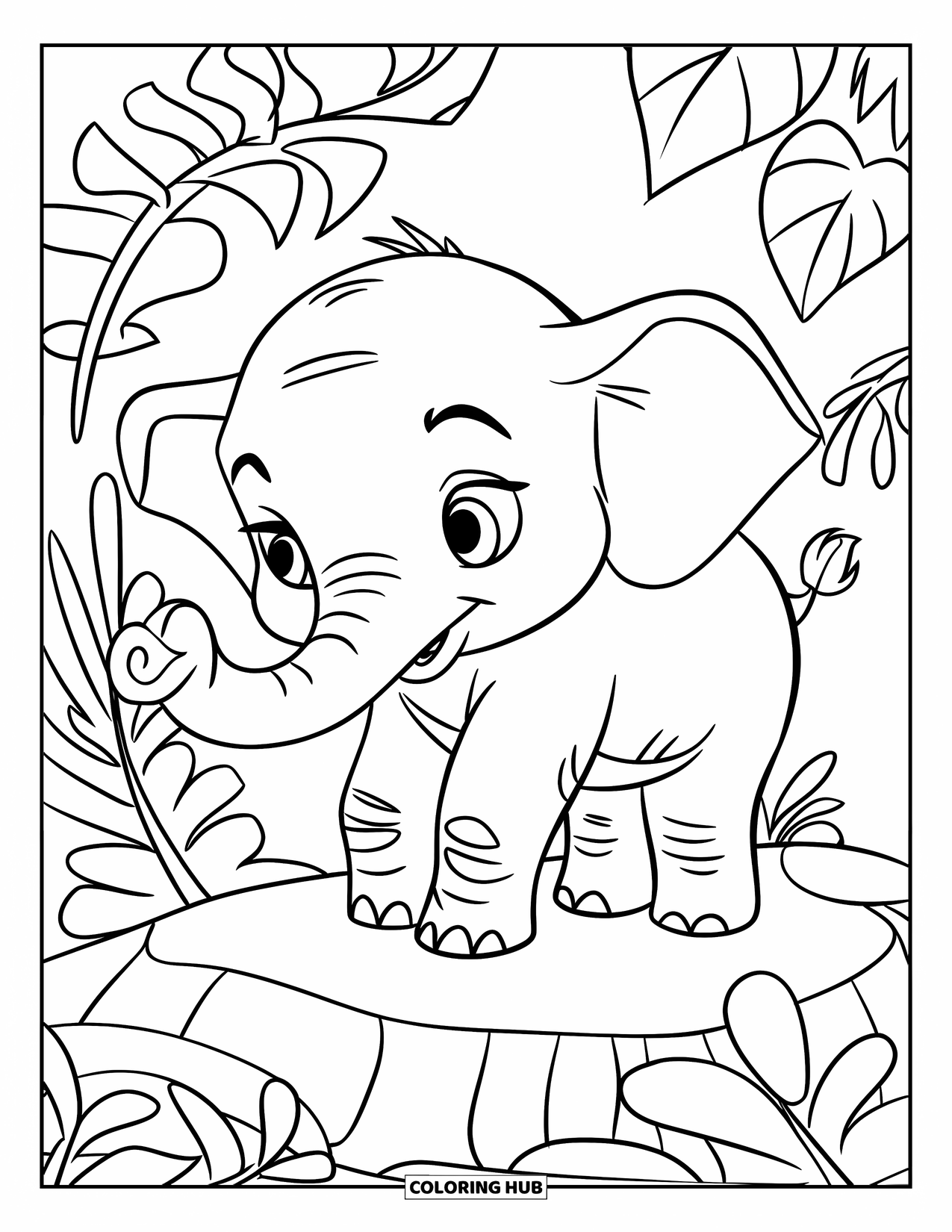 Baby Elephant Coloring Page for Kids: Baby elephant smiles playfully among tall jungle ferns and leafy plants