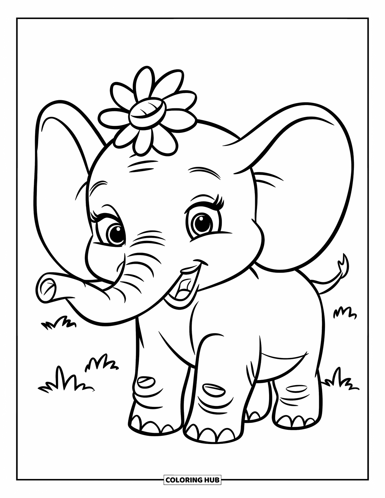 Baby Elephant Coloring Page for Kids: Baby elephant smiles with a flower on its head in a grassy field