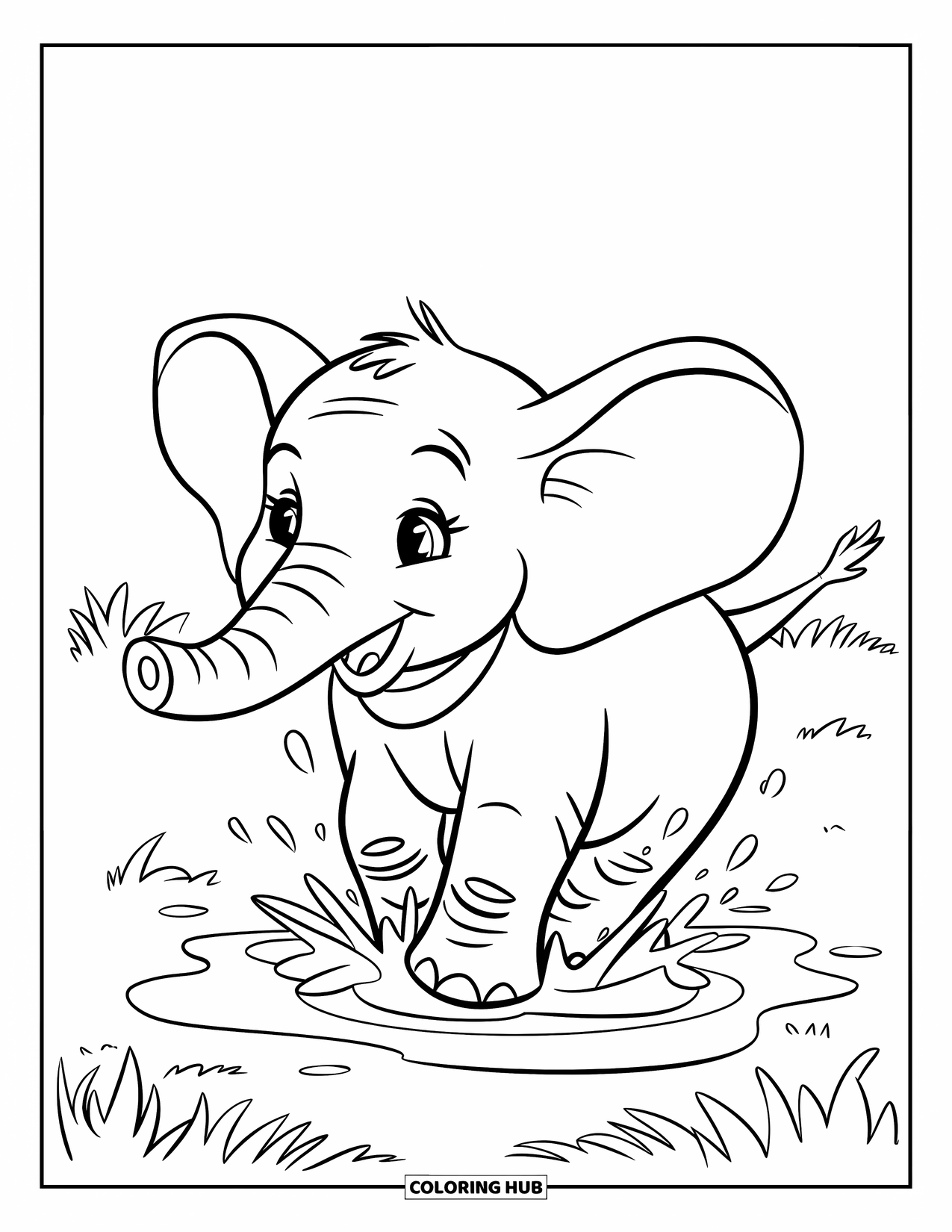 Baby Elephant Coloring Page for Kids: Baby elephant splashes joyfully in a little puddle wearing a collar