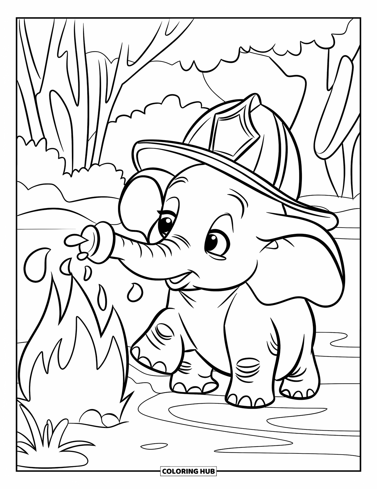 Baby Elephant Coloring Page for Kids: Baby elephant sprays water at a fire while acting like a firefighter