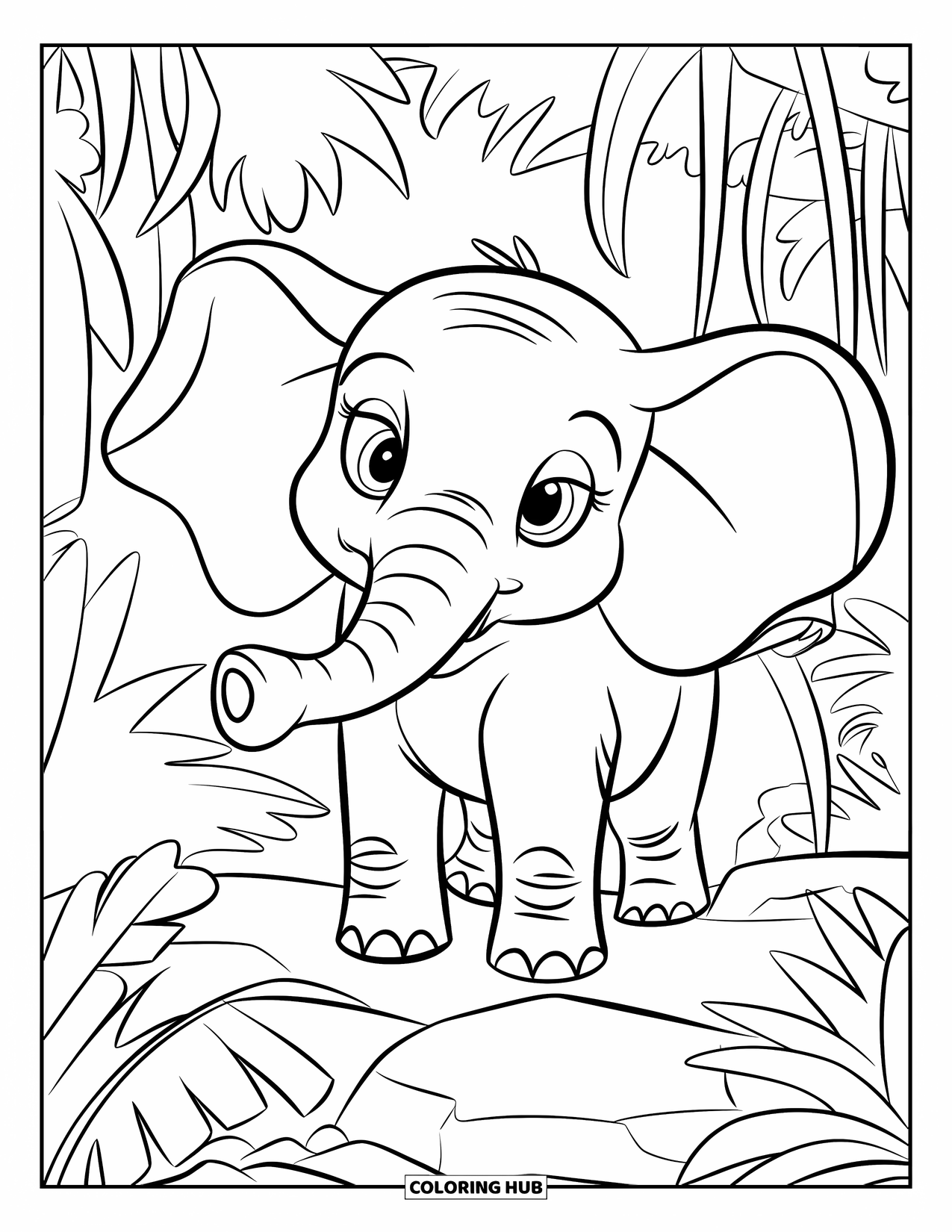Baby Elephant Coloring Page for Kids: Baby elephant stands among jungle plants and tall ferns on rocky ground