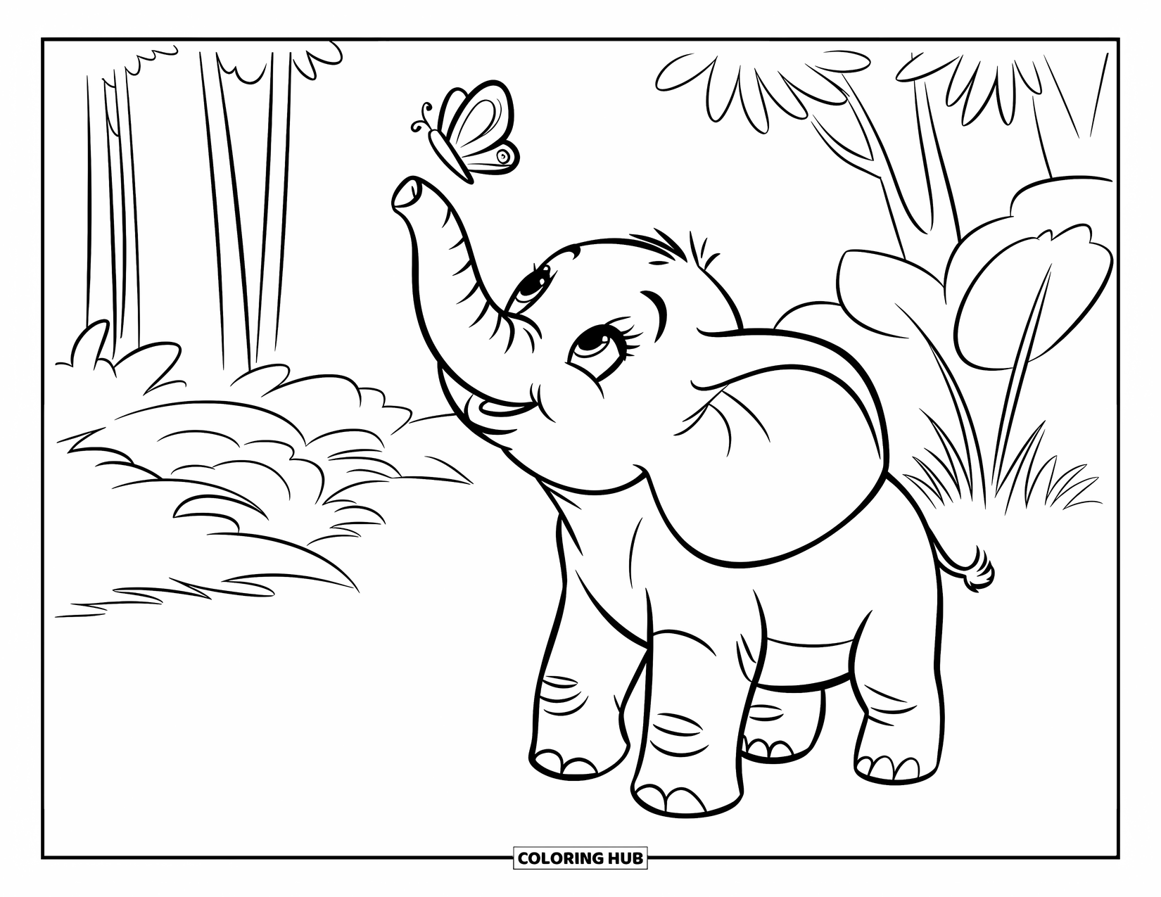 Baby Elephant Coloring Page for Kids: Baby elephant stretches its trunk toward a butterfly in the grass