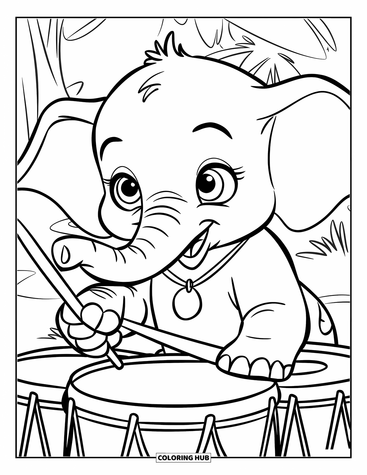 Baby Elephant Coloring Page for Kids: Baby elephant taps on jungle drums surrounded by trees