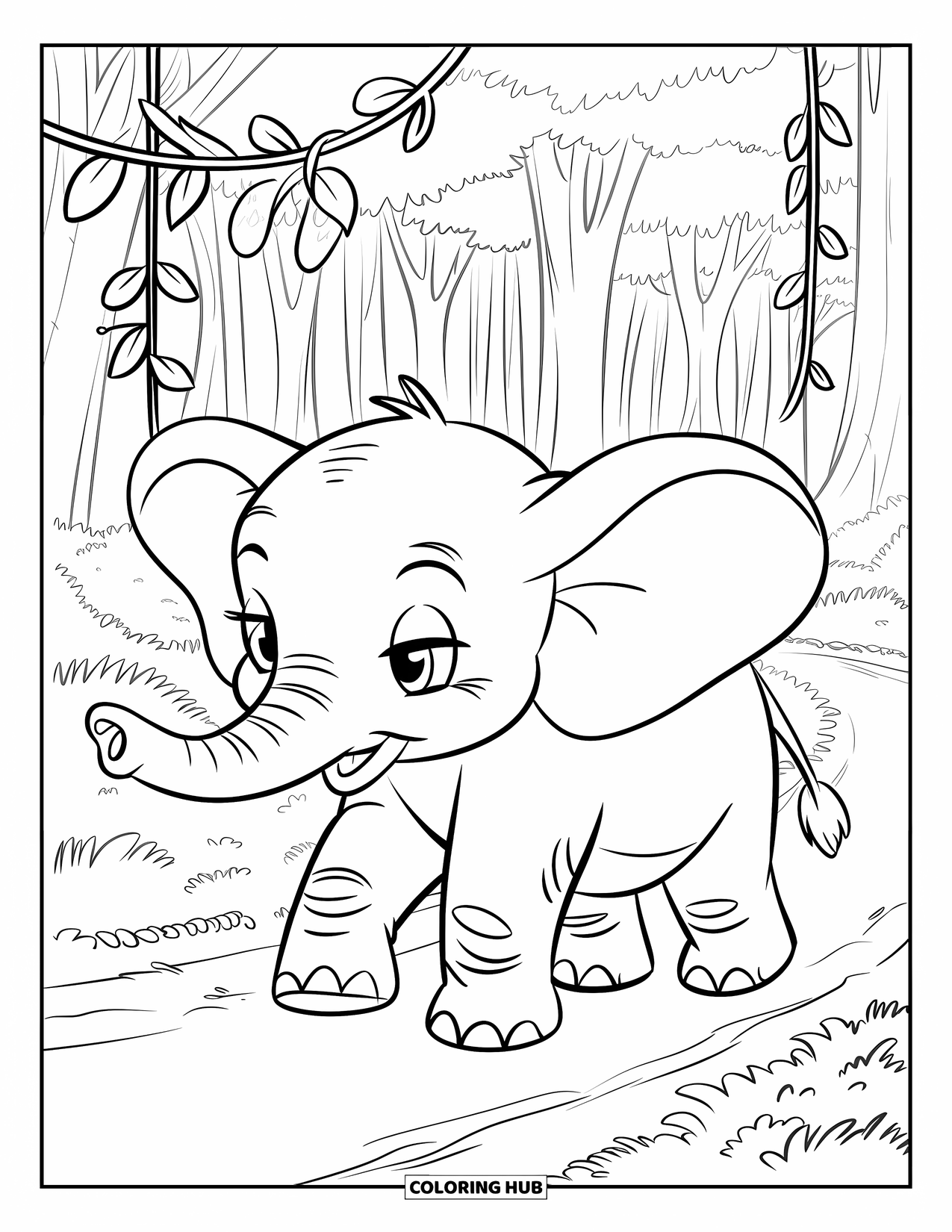 Baby Elephant Coloring Page for Kids: Baby elephant walks down a forest trail with hanging vines and tall trees