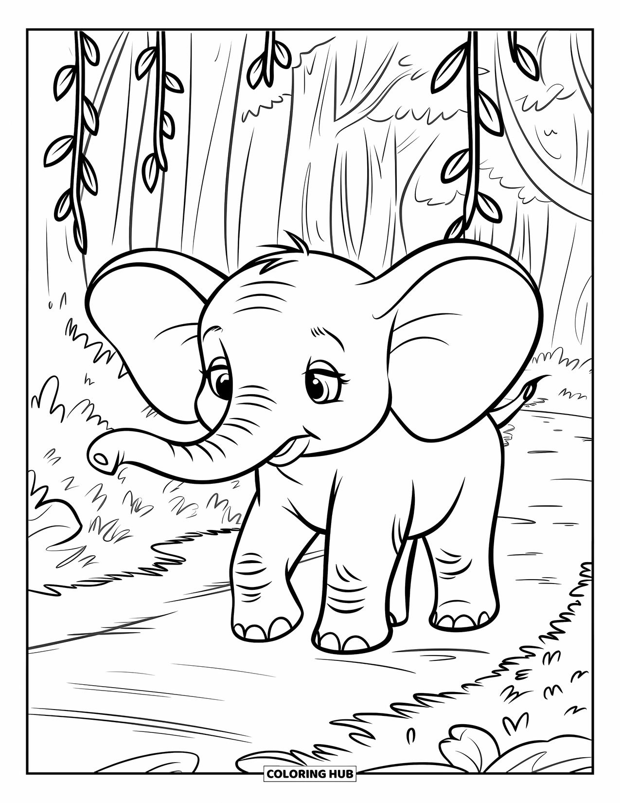 Baby Elephant Coloring Page for Kids: Baby elephant walks under hanging leaves along a quiet forest trail