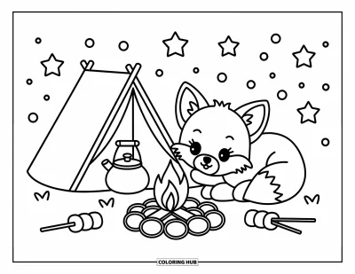 Fuchsbabys-Ausmalbild für Erwachsene: Ein Fuchsbaby rollt sich neben einem warmen Lagerfeuer zusammen, mit Marshmallows, einem Kessel und Sternen