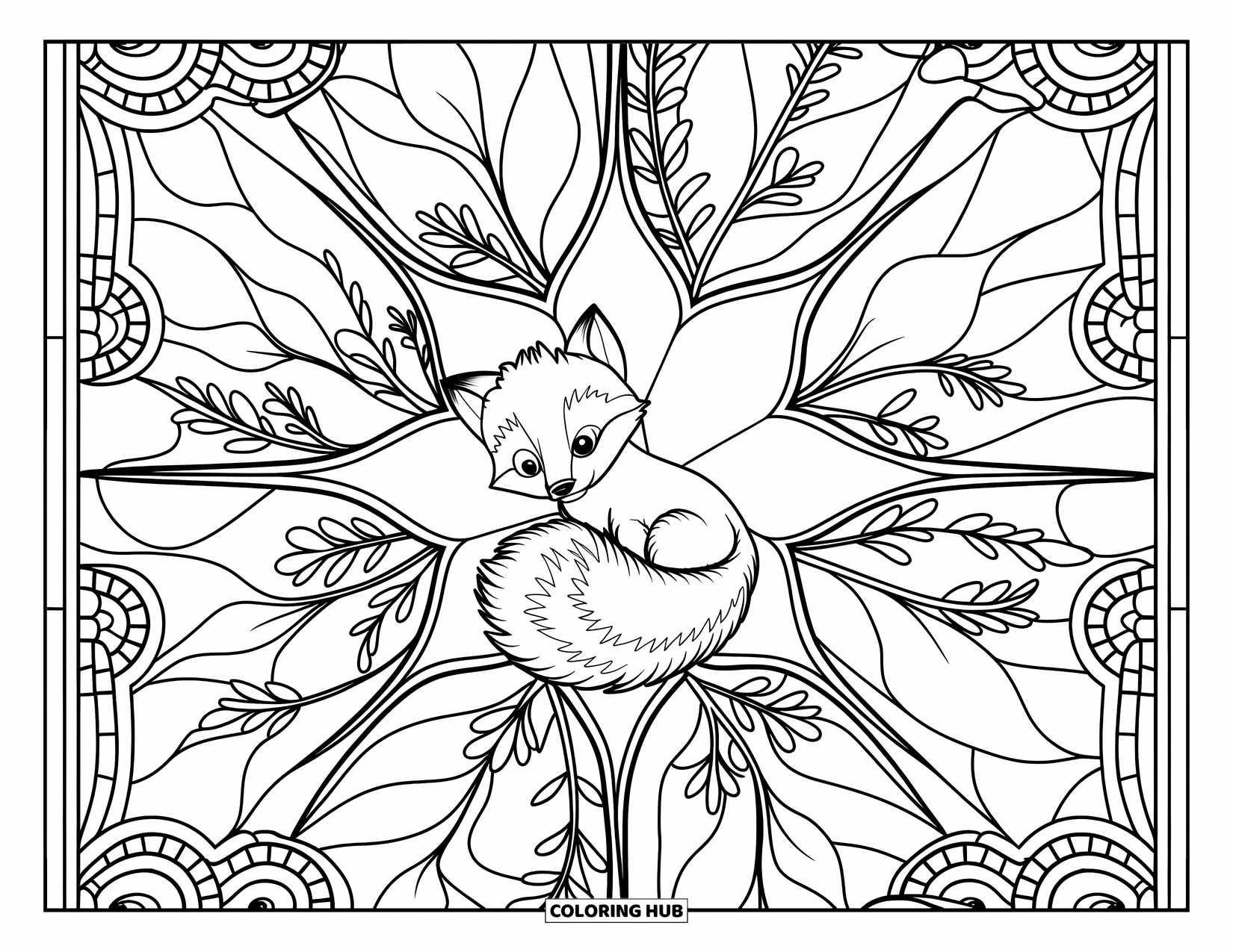 Baby Fox Coloring Page for Adults: A baby fox curls up at the center of a stained-glass starburst filled with plants