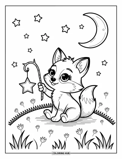Fuchsbabys-Ausmalbild für Erwachsene: Ein Fuchsbaby hält eine Sternlaterne und sitzt auf einem Grashügel unter Kawaii-Sternen