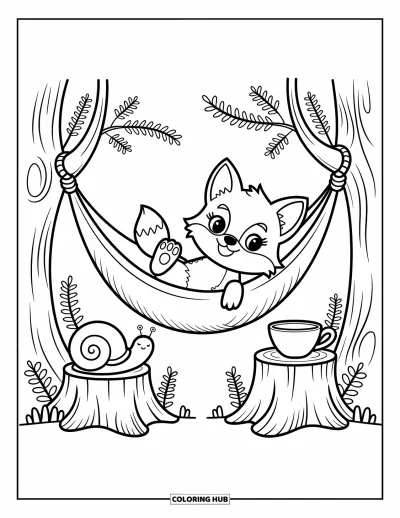 Fuchsbabys-Ausmalbild für Erwachsene: Ein Fuchsbaby entspannt sich in einer Hängematte mit Wildblumen, einer Schnecke und einer Teetasse daneben