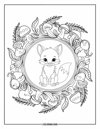 Fuchsbabys-Ausmalbild für Erwachsene: Ein Fuchsbaby ruht im Zentrum eines Mandalas aus Pilzen, Beeren und Blättern