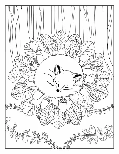 Fuchsbabys-Ausmalbild für Erwachsene: Ein Fuchsbaby ruht in einem Mandala aus Blättern, Eicheln und verschlungenen Ranken