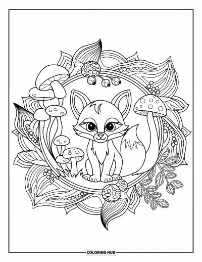 Fuchsbabys-Ausmalbild für Erwachsene: Ein Fuchsbaby sitzt in einem Pilz-und-Beeren-Mandala mit wirbelnden Blättern