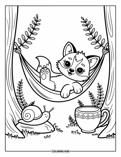 Fuchsbabys-Ausmalbild für Erwachsene: Ein Fuchsbaby schaukelt in einer Hängematte mit Blüten, einer Schnecke und einer gemütlichen Teetasse