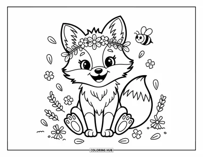Fuchsbabys-Ausmalbild für Erwachsene: Ein fröhlicher Fuchs mit Blumenkranz sitzt zwischen Blüten, Zweigen und einer schwebenden Biene