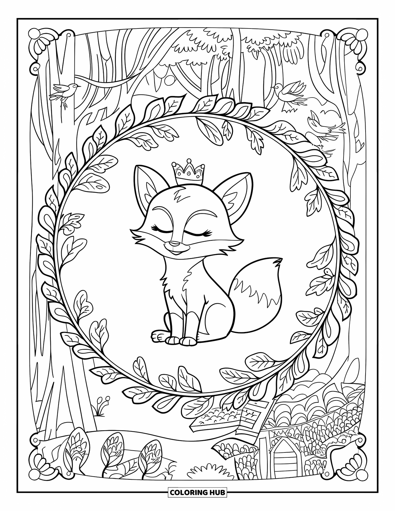 Baby Fox Coloring Page for Adults: A crowned fox sits inside a circular forest frame with birds and tiny forest details