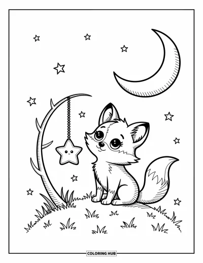 Fuchsbabys-Ausmalbild für Erwachsene: Ein neugieriger Fuchs hält eine Sternlaterne und blickt auf den Mond und funkelnde Sterne
