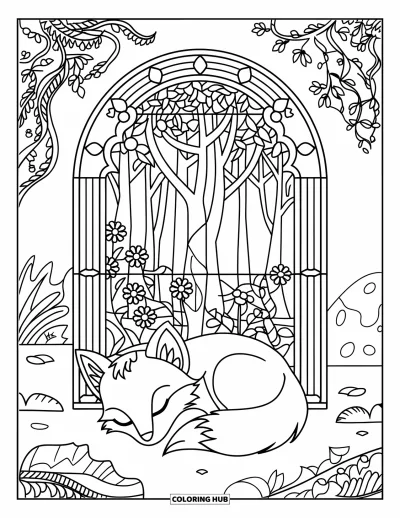 Fuchsbabys-Ausmalbild für Erwachsene: Ein zusammengerollter Fuchs schläft unter einem waldmotivischen Buntglasbogen mit Ranken und Blüten