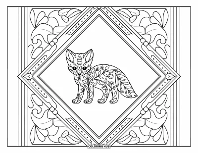 Fuchsbabys-Ausmalbild für Erwachsene: Eine Fuchs-Silhouette mit floralen Linienmustern sitzt in einem detailreichen Rautenlayout