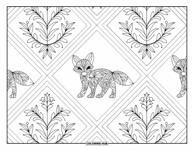 Fuchsbabys-Ausmalbild für Erwachsene: Eine Fuchs-Silhouette mit Blattmustern sitzt in einem ruhigen, symmetrischen Rautenlayout