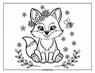 Fuchsbabys-Ausmalbild für Erwachsene: Ein fröhliches Fuchsbaby mit Blumenkranz sitzt zwischen Blüten, Zweigen und einer summenden Biene