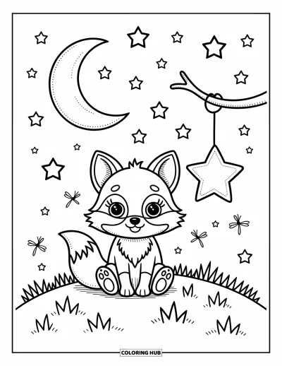 Fuchsbabys-Ausmalbild für Erwachsene: Ein kleiner Fuchs mit Laterne sitzt unter einem Halbmond und einem sternübersäten Himmel