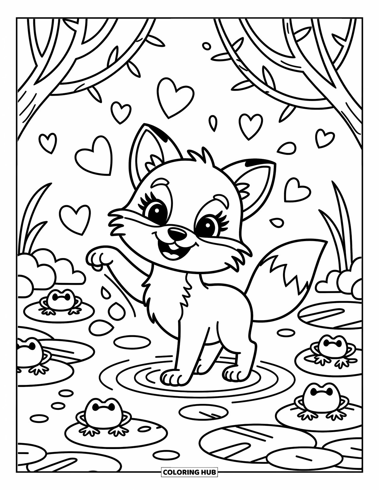 Baby Fox Coloring Page for Adults: A playful fox splashes in a stream, sending heart-shaped droplets through the air