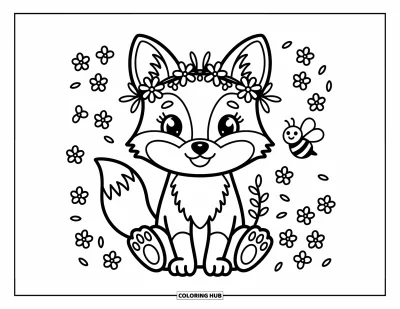 Fuchsbabys-Ausmalbild für Erwachsene: Ein stolzes kleines Füchslein mit Blumenkranz lächelt neben Blüten, Zweigen und einer summenden Biene