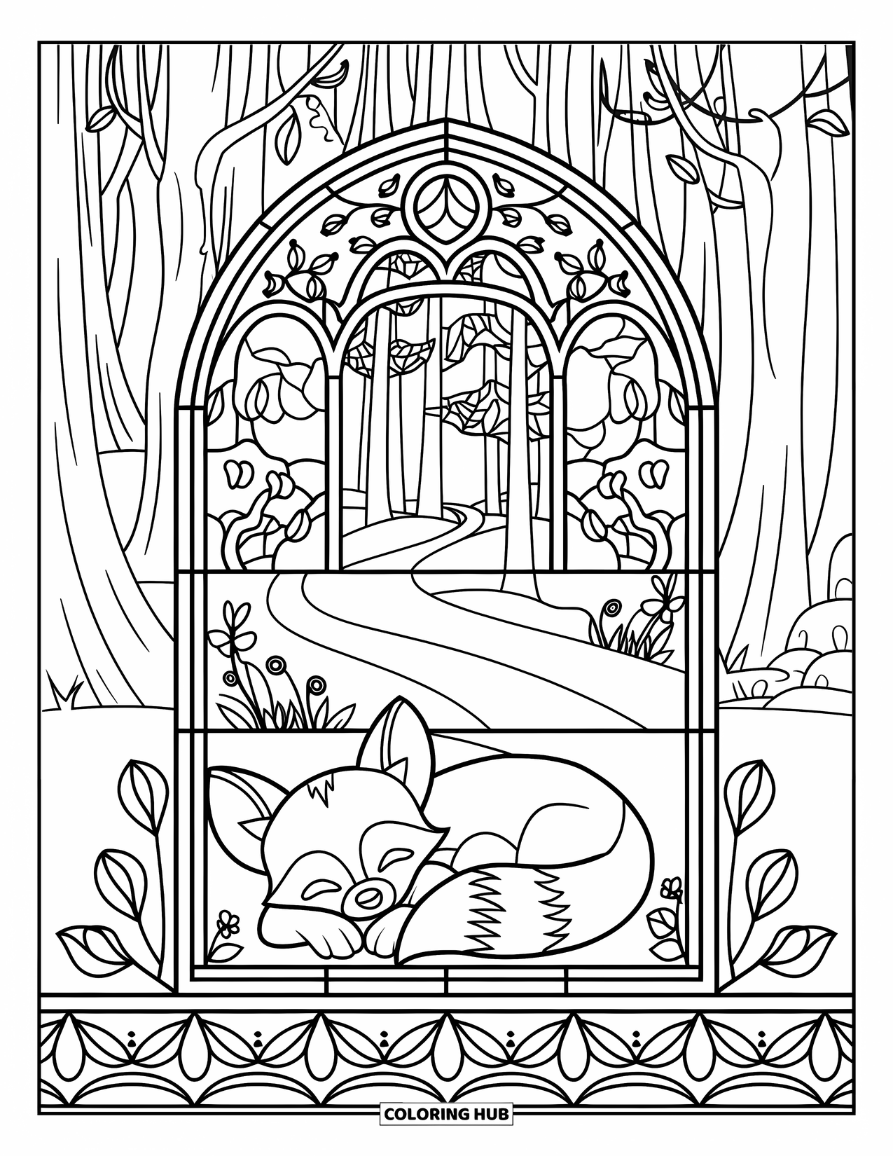 Baby Fox Coloring Page for Adults: A sleeping fox rests beneath an arched window of trees and flowers in stained-glass style