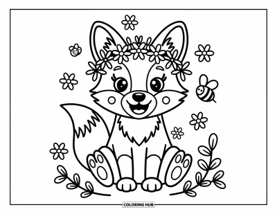 Fuchsbabys-Ausmalbild für Erwachsene: Ein lächelnder Fuchs trägt einen Blumenkranz, umgeben von Blüten, Zweigen und einer neugierigen Biene