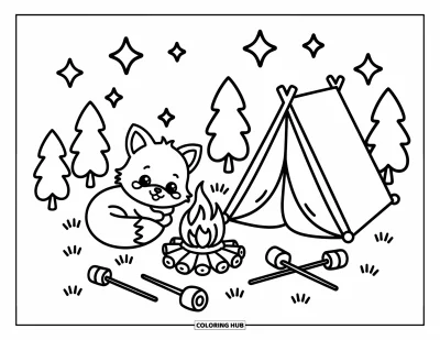 Fuchsbabys-Ausmalbild für Erwachsene: Ein kleines Füchslein rollt sich bei einem Lagerfeuer zusammen, mit Marshmallows, einem Kessel und gemütlichen Sternen darüber