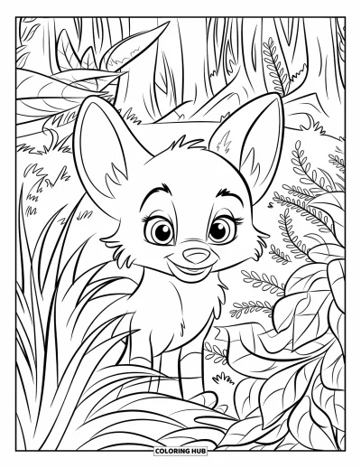 Fuchsbabys-Ausmalbild für Kinder: Ein Fuchsbaby lugt aus hohem Gras und Pflanzen in einem üppigen Wald