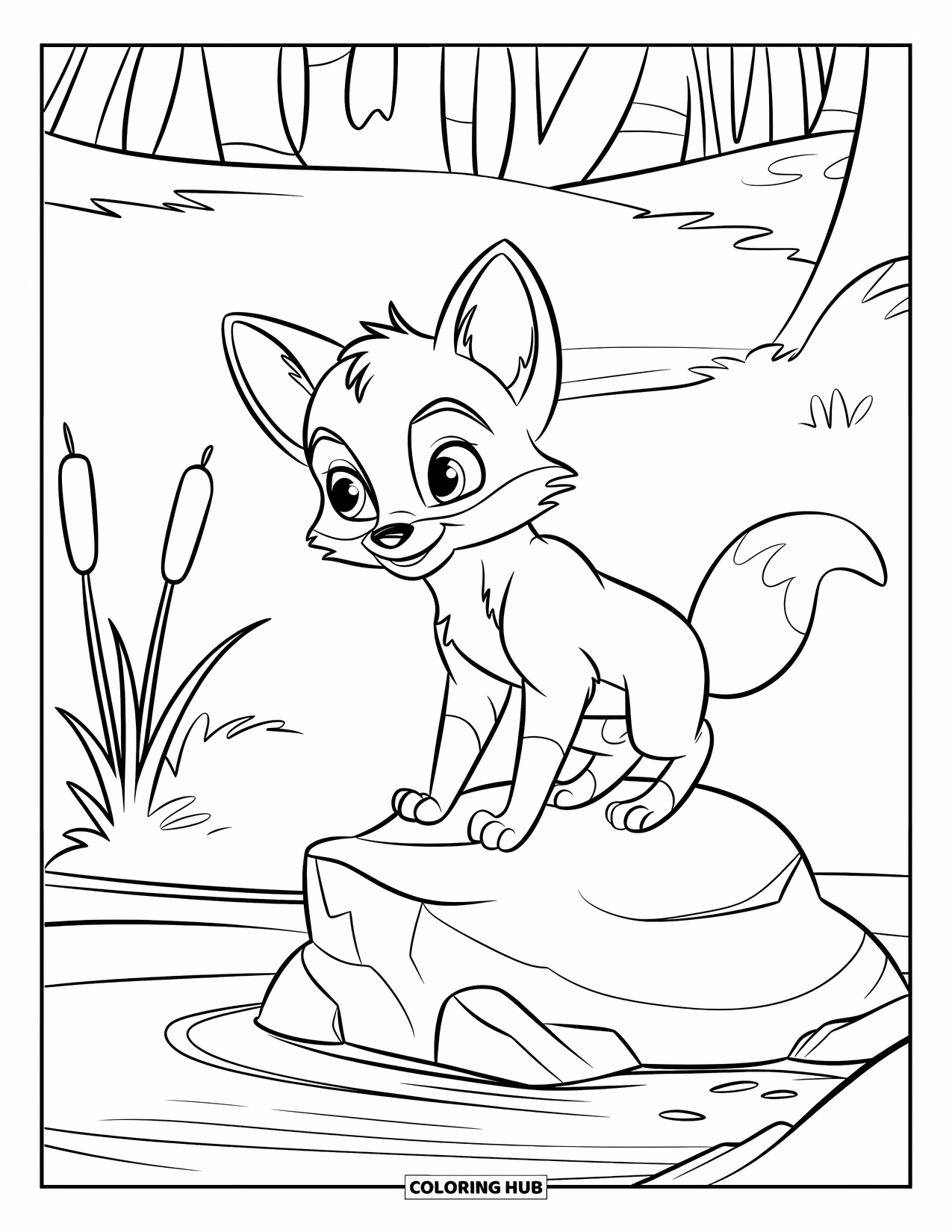 Baby Fox Coloring Page for Kids: A baby fox perches on a rock near a calm stream and tall forest trees
