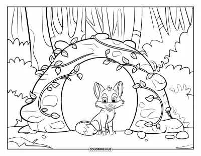 Fuchsbabys-Ausmalbild für Kinder: Ein Fuchsbaby sitzt neben einem runden, rankenbewachsenen Bau tief im Wald