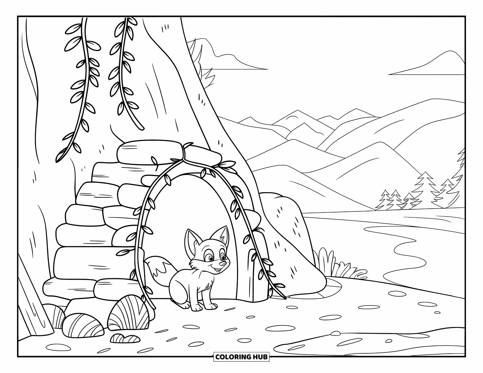 Baby Fox Coloring Page for Kids: A baby fox sits near a rocky den, surrounded by mountains and forest views