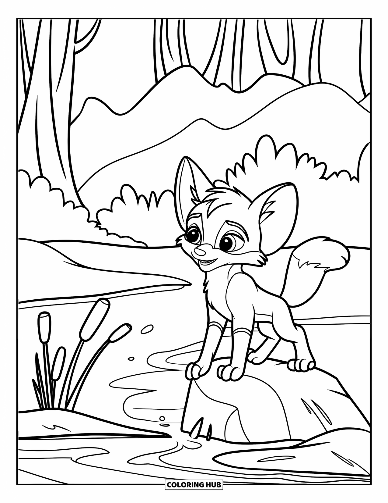 Baby Fox Coloring Page for Kids: A baby fox sits on a rock by a stream with cattails and distant trees