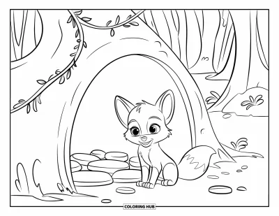 Fuchsbabys-Ausmalbild für Kinder: Ein Fuchsbaby sitzt still neben einem rankenbewachsenen Bau mit Waldbäumen ringsum
